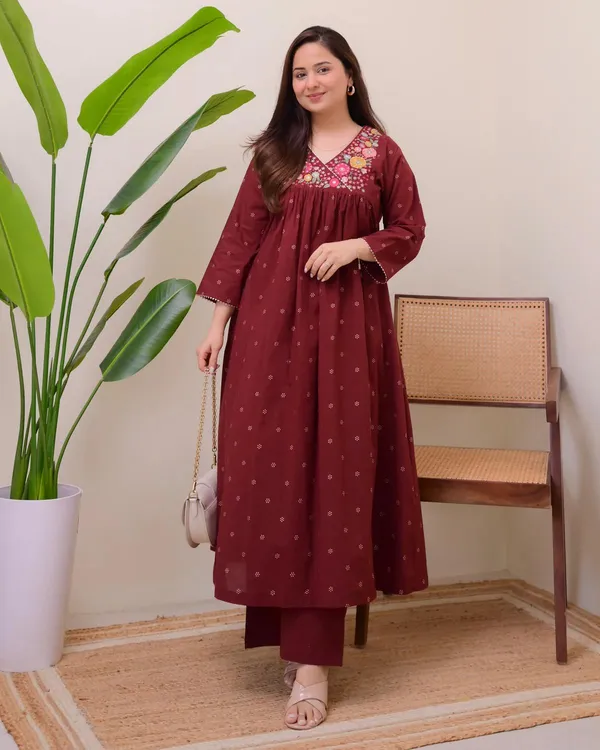 Maroon_Cotton_Premium_Cotton_Kurta_Set_For_Women