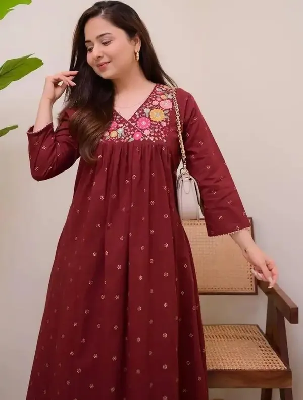 Maroon_Cotton_Premium_Cotton_Kurta_Set_For_Women