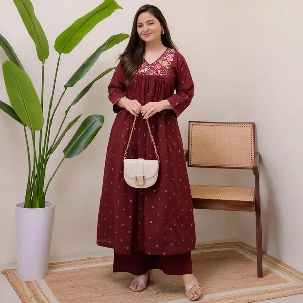 Maroon_Cotton_Premium_Cotton_Kurta_Set_For_Women