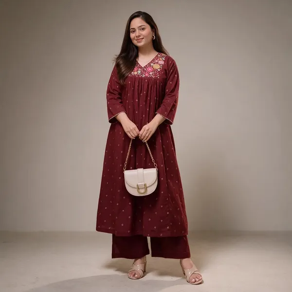 Maroon_Cotton_Premium_Cotton_Kurta_Set_For_Women