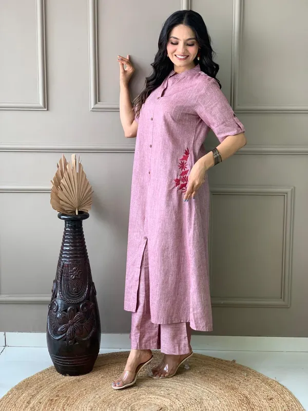 Mauve_Button-Down_Pocket_Embroidered_Kurta_Palazzo_Set
