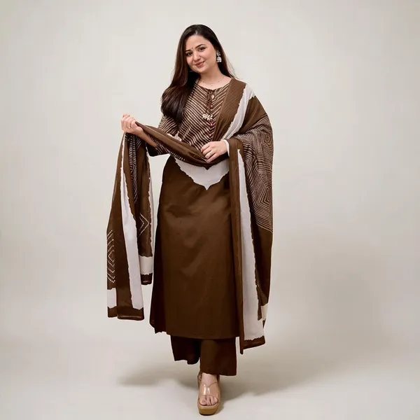 Mocha_Cotton_Premium_Kurta_Pant_Set_With_Dupatta_For_Women