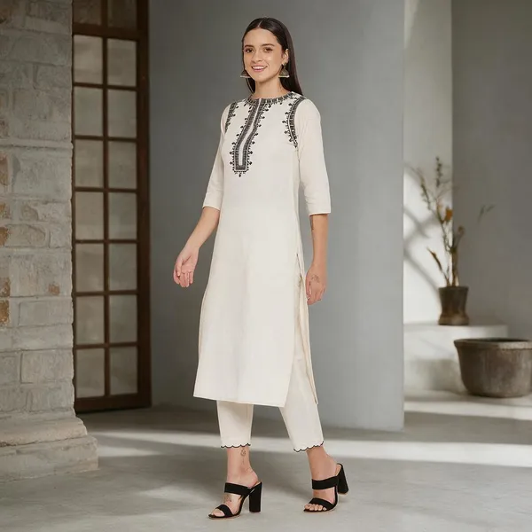 White_And_Black_Cotton_Premium_Kurta_And_Pant_Set_For_Women