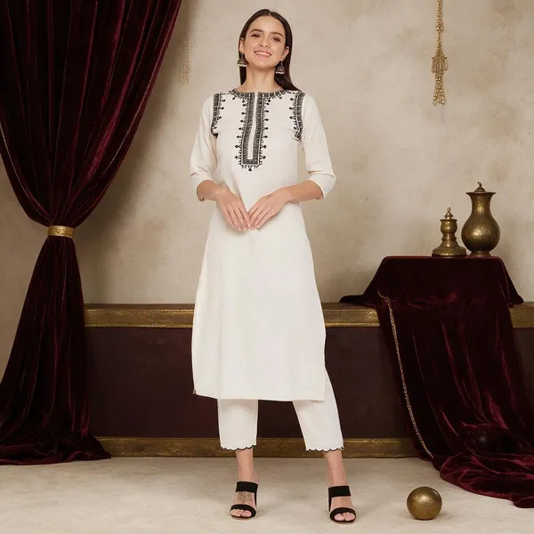 White_And_Black_Cotton_Premium_Kurta_And_Pant_Set_For_Women