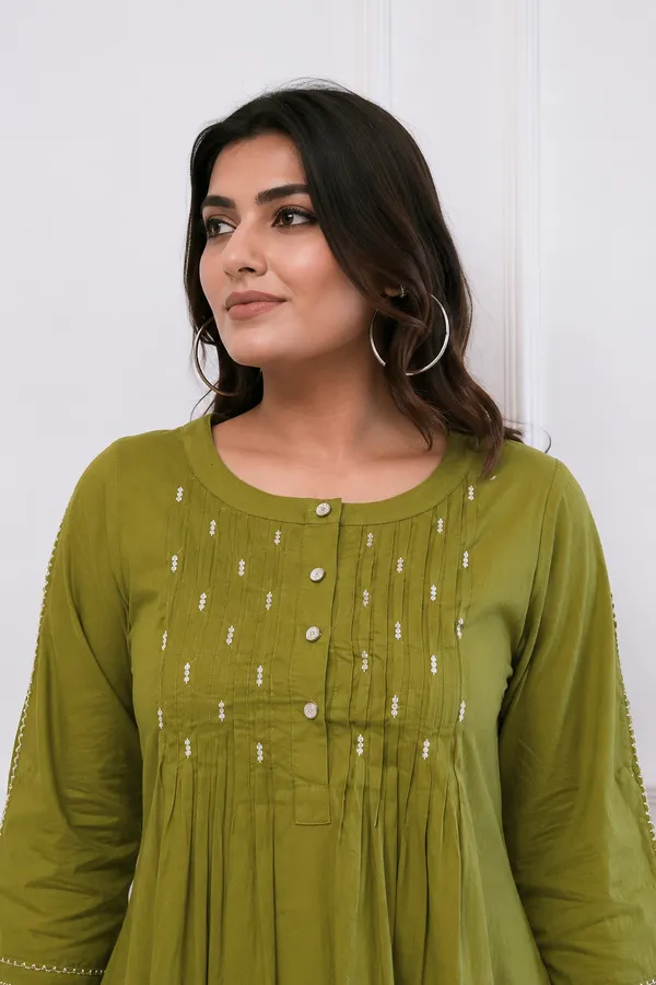 Olive_Green_Embroidered_Cotton_Kurta_Set_With_Pants_for_Women