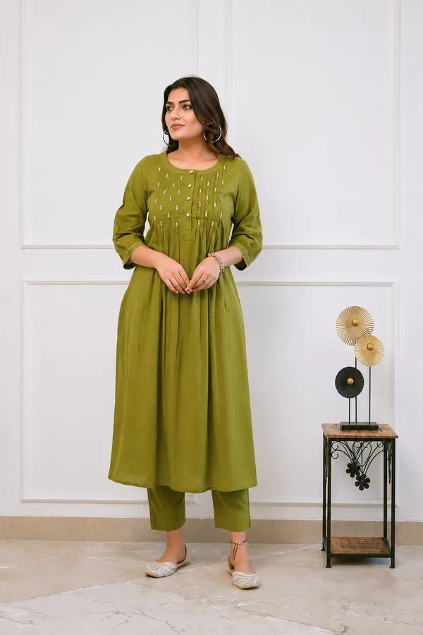 Olive_Green_Embroidered_Cotton_Kurta_Set_With_Pants_for_Women
