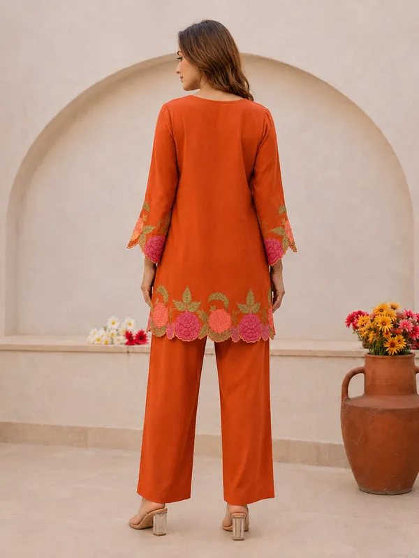 Orange_Embroidered_Cotton_Co-Ord_Set_With_Pants_for_Women