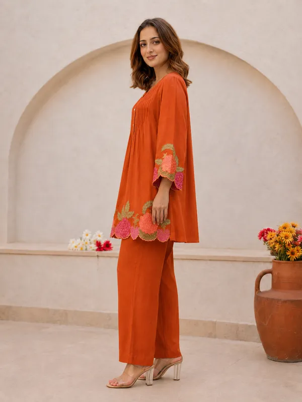 Orange_Embroidered_Cotton_Co-Ord_Set_With_Pants_for_Women