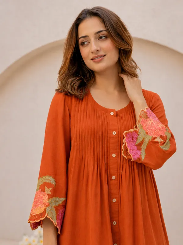 Orange_Embroidered_Cotton_Co-Ord_Set_With_Pants_for_Women