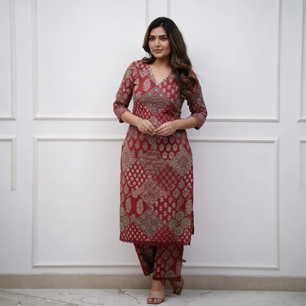 Red_Cotton_Premium_Kurta_And_Pant_Set_For_Women