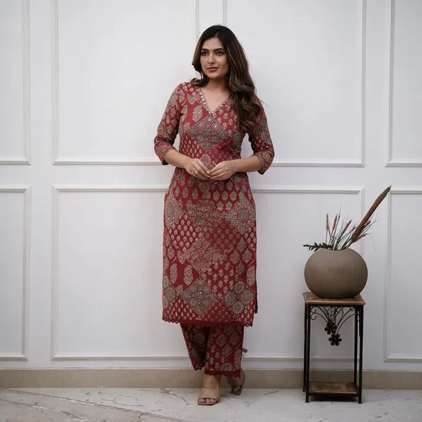 Red_Cotton_Premium_Kurta_And_Pant_Set_For_Women