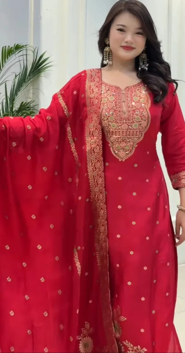 Red_Cotton_Premium_Kurta_Pant_Set_With_Dupatta_For_Women