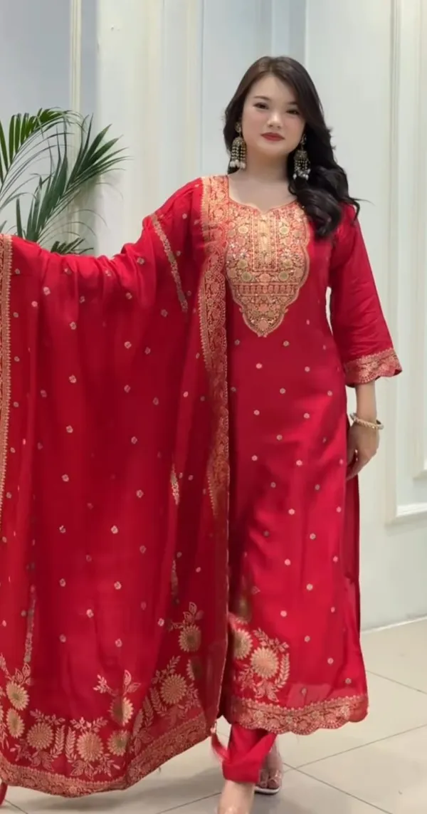 Red_Cotton_Premium_Kurta_Pant_Set_With_Dupatta_For_Women