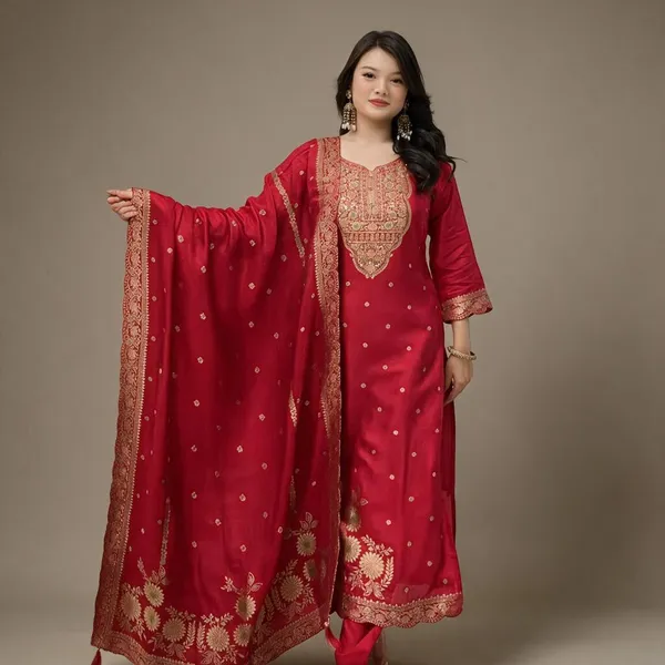 Red_Cotton_Premium_Kurta_Pant_Set_With_Dupatta_For_Women