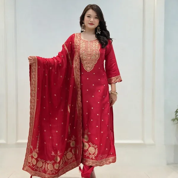 Red_Cotton_Premium_Kurta_Pant_Set_With_Dupatta_For_Women