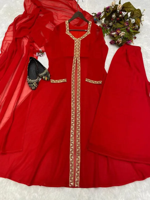 Red_Georgette_Premium_Kurta_Pant_Set_With_Dupatta_For_Women