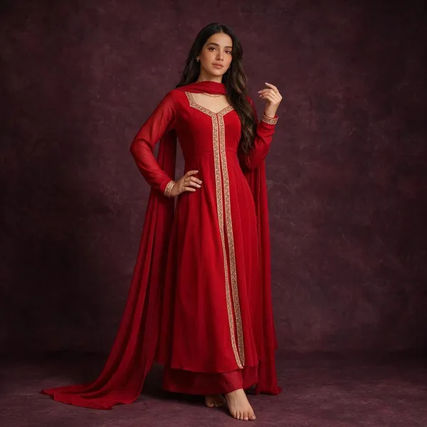 Red_Georgette_Premium_Kurta_Pant_Set_With_Dupatta_For_Women