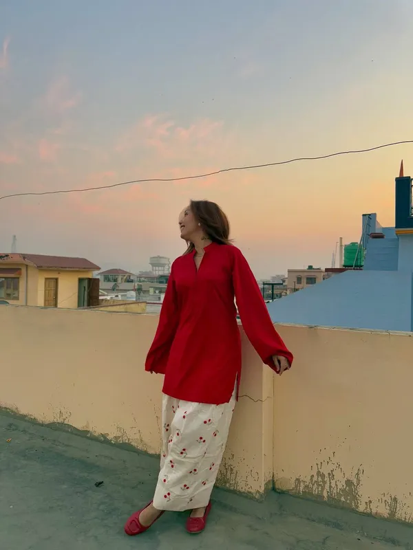 Red_Solid_Kurta_with_White_Cherry_Print_Pants