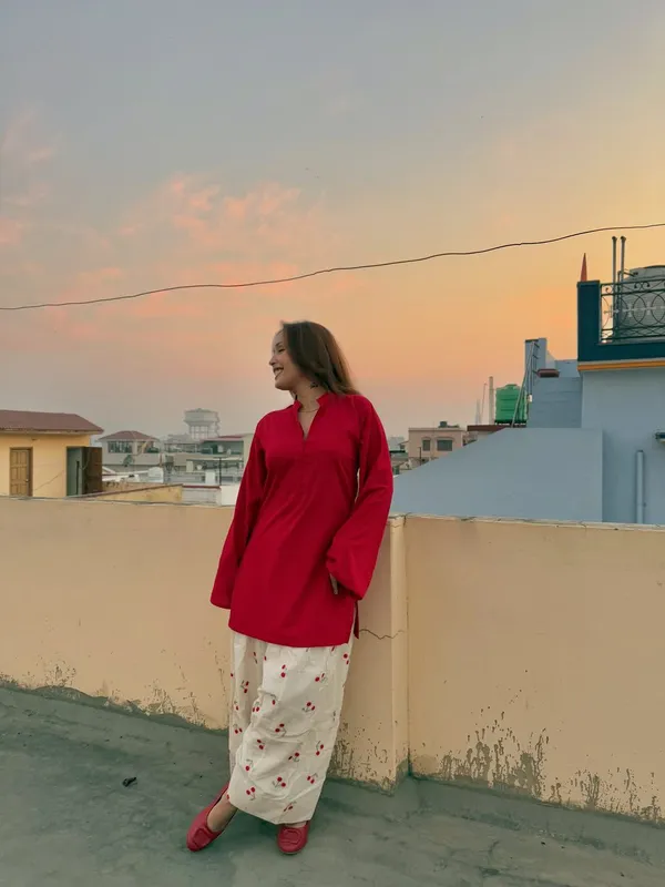 Red_Solid_Kurta_with_White_Cherry_Print_Pants