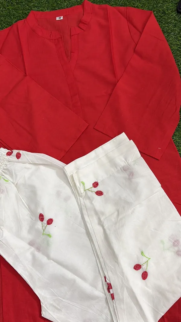 Red_Solid_Kurta_with_White_Cherry_Print_Pants