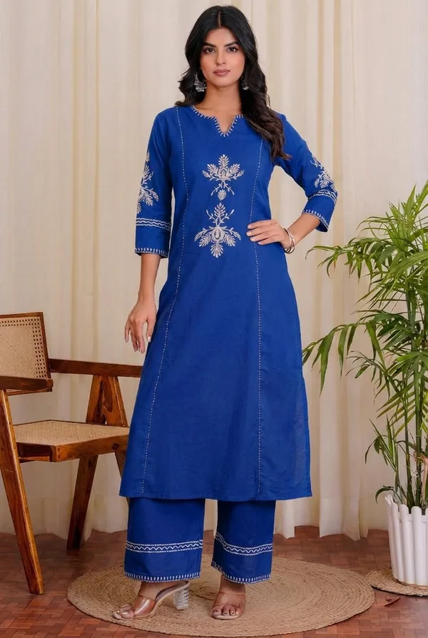 Royal_Blue_Cotton_Kurta_and_Pant_Set_with_White_Floral_Embroidered