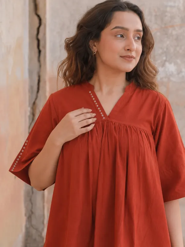 Rust_Orange_Cotton_Co-Ord_Set_With_Pants_for_Women
