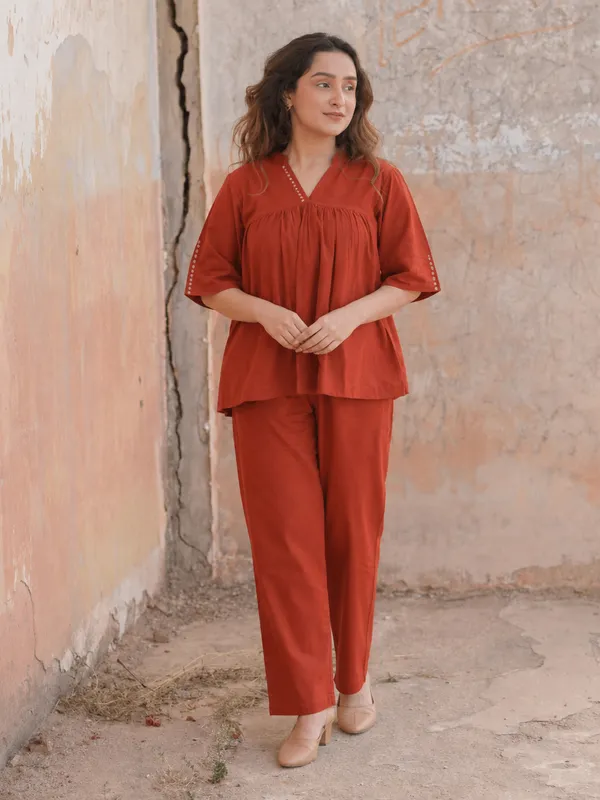 Rust_Orange_Cotton_Co-Ord_Set_With_Pants_for_Women