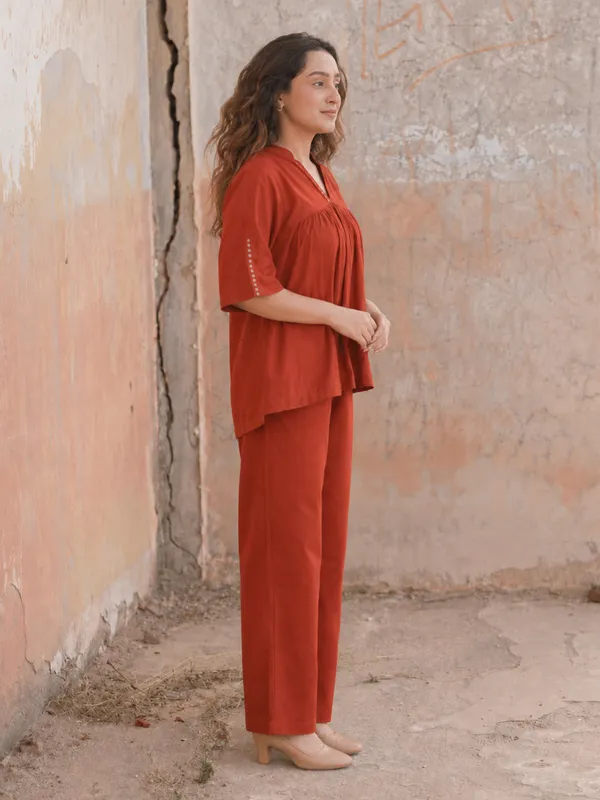 Rust_Orange_Cotton_Co-Ord_Set_With_Pants_for_Women