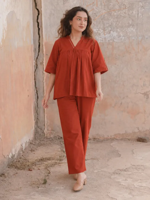 Rust_Orange_Cotton_Co-Ord_Set_With_Pants_for_Women