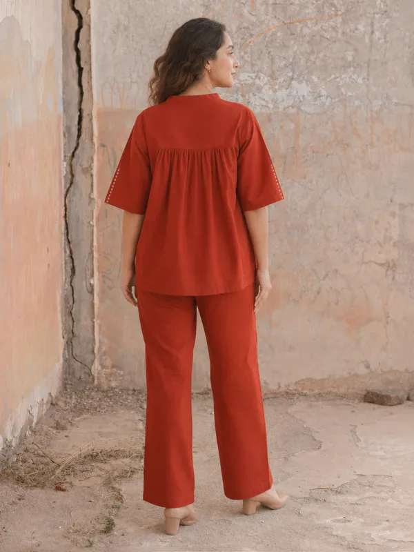 Rust_Orange_Cotton_Co-Ord_Set_With_Pants_for_Women
