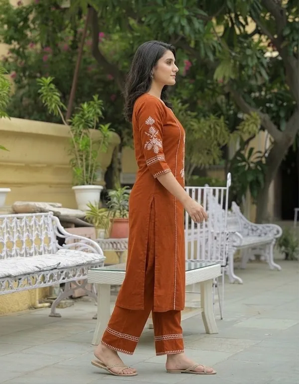 Rust_Orange_Cotton_Kurta_and_Pant_Set_with_White_Floral_Embroidered