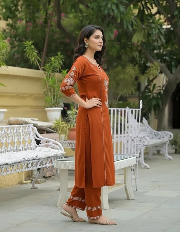 Rust_Orange_Cotton_Kurta_and_Pant_Set_with_White_Floral_Embroidered