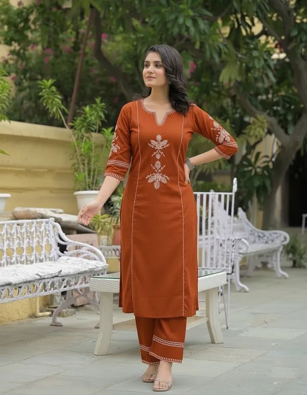 Rust_Orange_Cotton_Kurta_and_Pant_Set_with_White_Floral_Embroidered