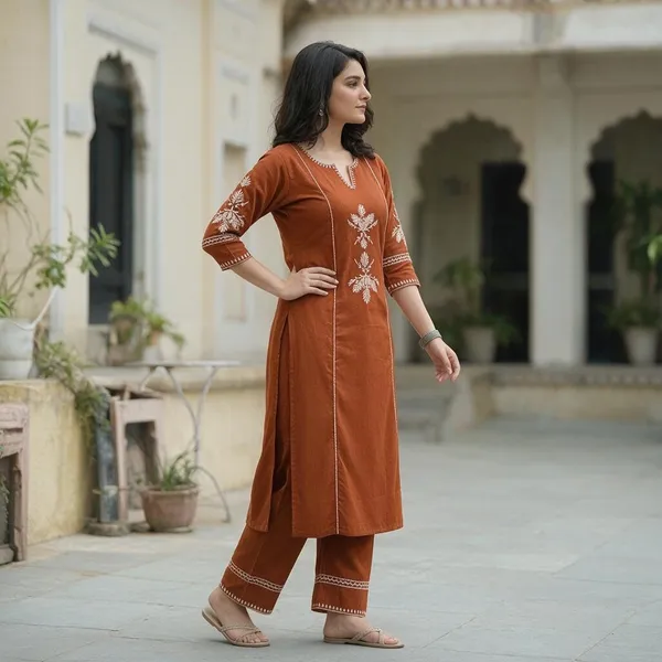 Orange_Cotton_Premium_Cotton_Kurta_Set_For_Women
