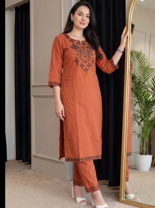 Rust_Orange_Geometric_Embroidered_Kurta_Pant_Set_for_Women