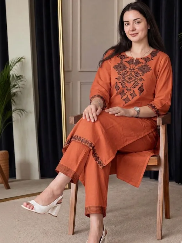 Rust_Orange_Geometric_Embroidered_Kurta_Pant_Set_for_Women