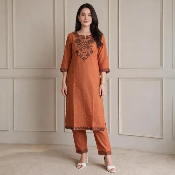 Orange_Cotton_Premium_Kurta_Pant_Set_For_Women