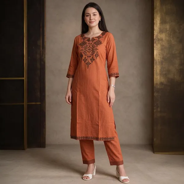 Orange_Cotton_Premium_Kurta_Pant_Set_For_Women