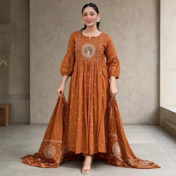 Rust_Orange_Pure_Cotton_Premium_Kurta_Pant_Set_With_Dupatta_For_Women