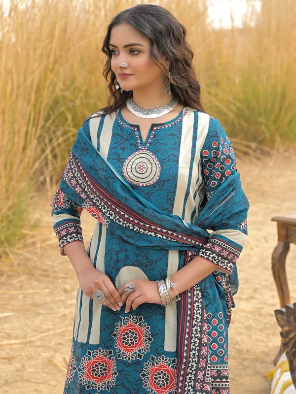 Teal_Blue_Printed_Kurta_Palazzo_Set_with_Dupatta