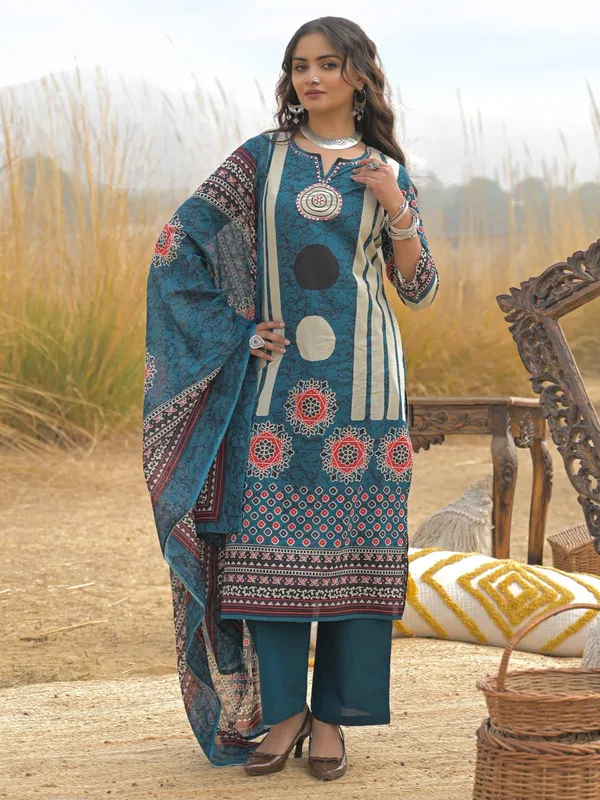 Teal_Blue_Printed_Kurta_Palazzo_Set_with_Dupatta