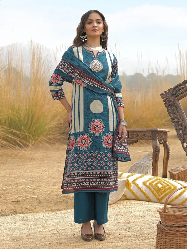 Teal_Blue_Printed_Kurta_Palazzo_Set_with_Dupatta