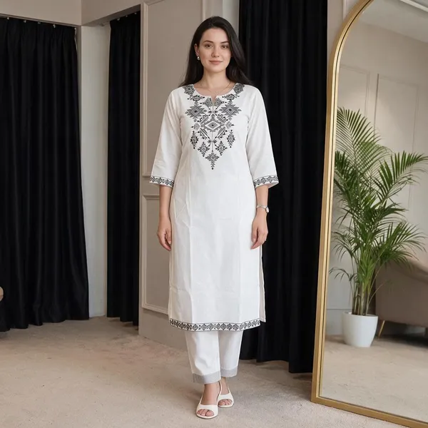 White_Cotton_Premium_Kurta_Pant_Set_For_Women