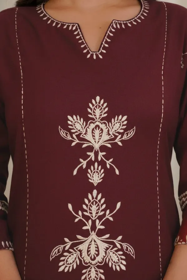 Wine_Maroon_Cotton_Kurta_and_Pant_Set_with_White_Floral_Embroidered