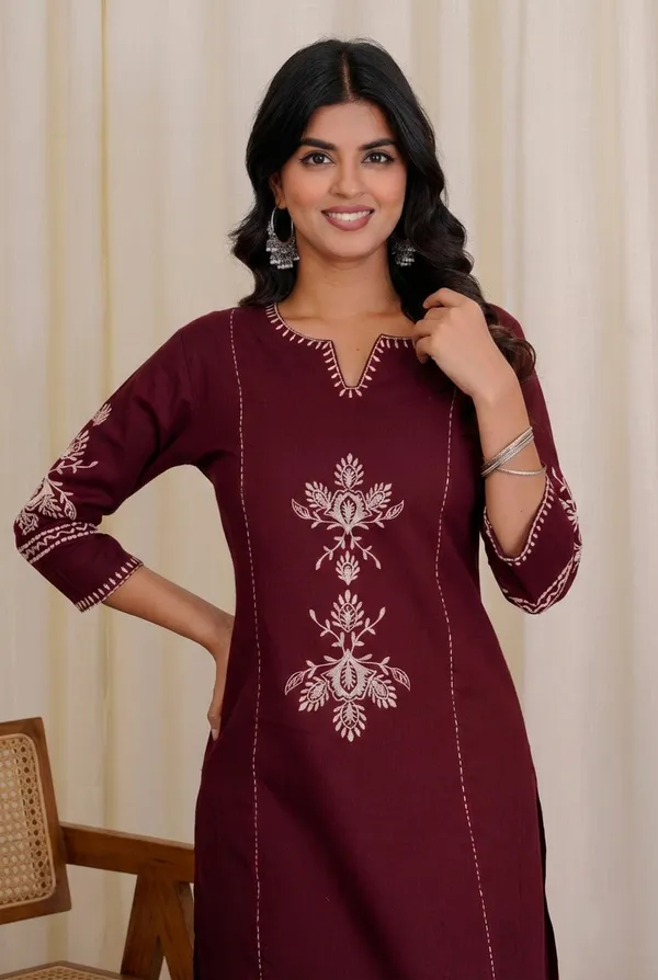 Wine_Maroon_Cotton_Kurta_and_Pant_Set_with_White_Floral_Embroidered