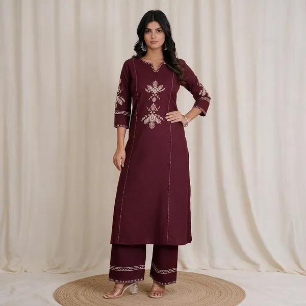 Maroon_Cotton_Premium_Cotton_Kurta_Set_For_Women