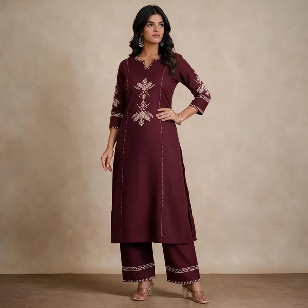 Maroon_Cotton_Premium_Cotton_Kurta_Set_For_Women