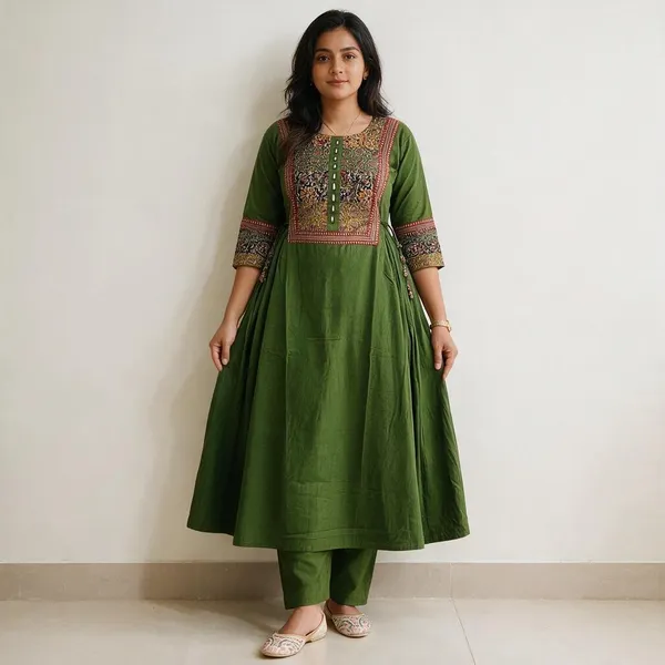 Olive_Green_Cotton_Premium_Kurta_And_Pant_Set_For_Women