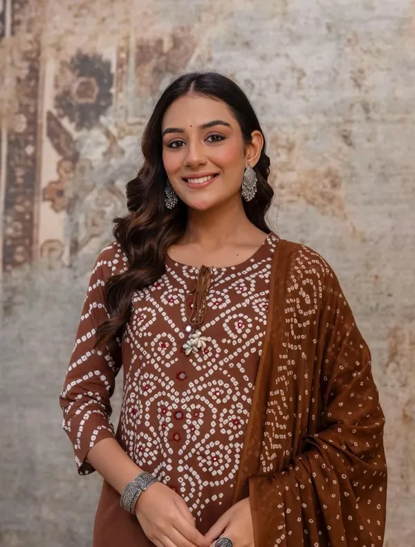 Women's_Brown_Bandhani_printed_kurta_set
