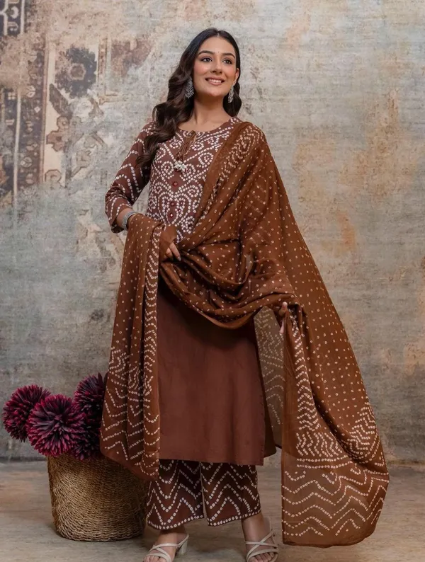 Women's_Brown_Bandhani_printed_kurta_set